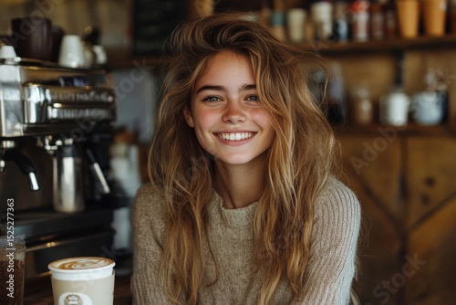 A radiant woman with flowing, light brown hair smiles warmly, her expression is one of genuine happiness and contentment. The scene is framed by the interior of a cozy coffee shop.