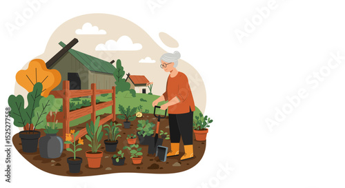 Elderly woman gardening and planting flowers in outdoor garden  