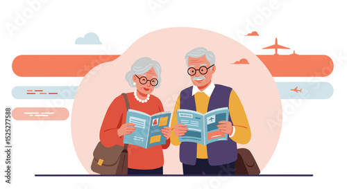Elderly couple reading travel brochures together with smiles  