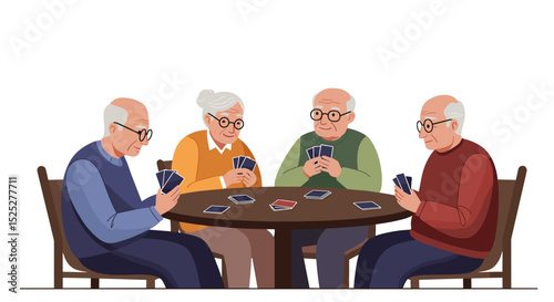 Elderly friends playing cards together around a table indoors  