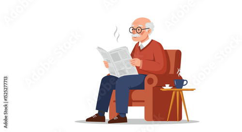 Elderly man reading newspaper while sitting in armchair at home  