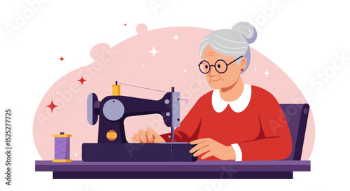 Elderly woman sewing on traditional sewing machine in cozy studio  