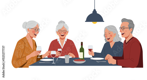Elderly friends laughing and enjoying dinner at the table with wine  