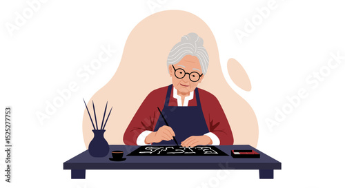 Elderly woman painting at a table with brushes and ink  