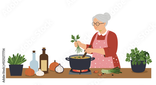 Elderly woman cooking in the kitchen with fresh ingredients on counter  