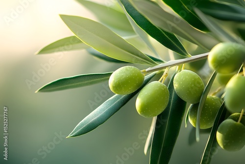 Close-up of Olive Branch with Green Olives and Leaves
