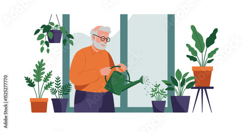 Elderly man watering plants in bright indoor garden setting  