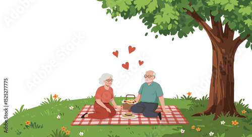 Elderly couple enjoying picnic on blanket under tree in park  