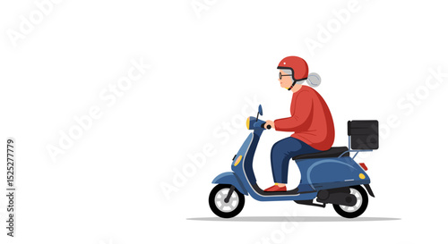 Delivery rider on blue scooter wearing helmet and red jacket  