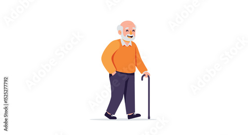 Elderly man walking with cane in casual attire and smile  