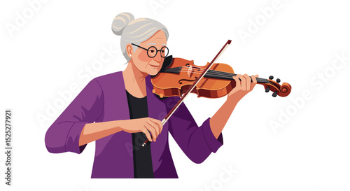 Elderly woman playing violin while wearing glasses in purple attire  
