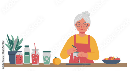 Elderly woman preparing smoothie in cozy kitchen with fresh fruits  