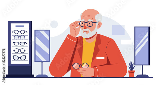 Elderly man trying on glasses while sitting in an optical store  