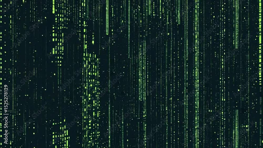Abstract binary code and fiber optics create a futuristic digital matrix background with green light spots, illustrating data communication patterns
