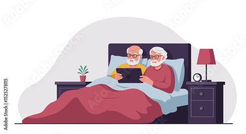Elderly couple using tablet while relaxing in bed at home