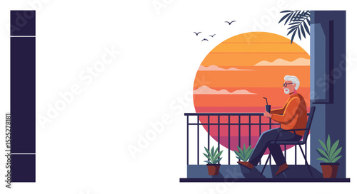 Elderly man sitting on balcony while using smartphone at sunset  