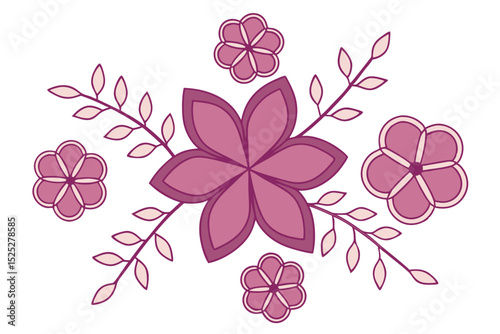 Decorative floral arrangement in shades of pink and purple with delicate leaves