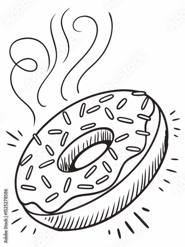 Hand-drawn outline vector of a whimsical donat dengan taburan (sprinkles), sketchy lines, doodle style, transparent background, black ink effect.