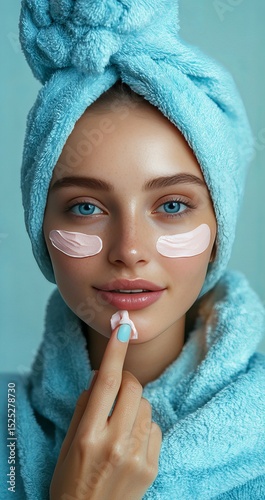 A woman experiences a serene self-care moment. Wrapped in a cozy towel, a model pampers her skin, embodying peace and well-being.