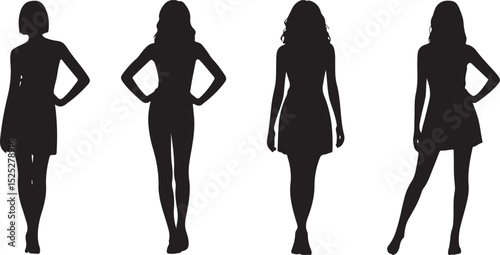 Four Female Silhouettes in Dresses Posing in Different Styles