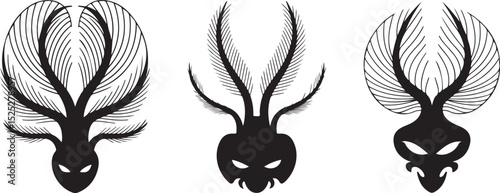 Three Abstract Black Silhouettes of Fantasy Creatures