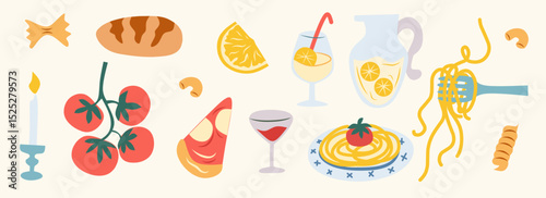 Summer italian food set. Hand drawn mediterranean dinner with pasta, bakery, pizza, cocktail, wine. Dolce vita aesthetics whimsical doodles icon. Perfect for print, design menu, sticker. La dolce Vita