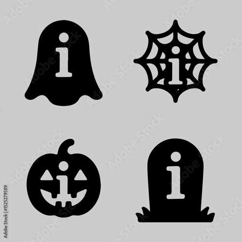 Halloween Information Icons Spooky silhouette icons for Halloween, including a ghost, spider web, jack-o'-lantern, and tombstone, each featuring an 'i' symbol.