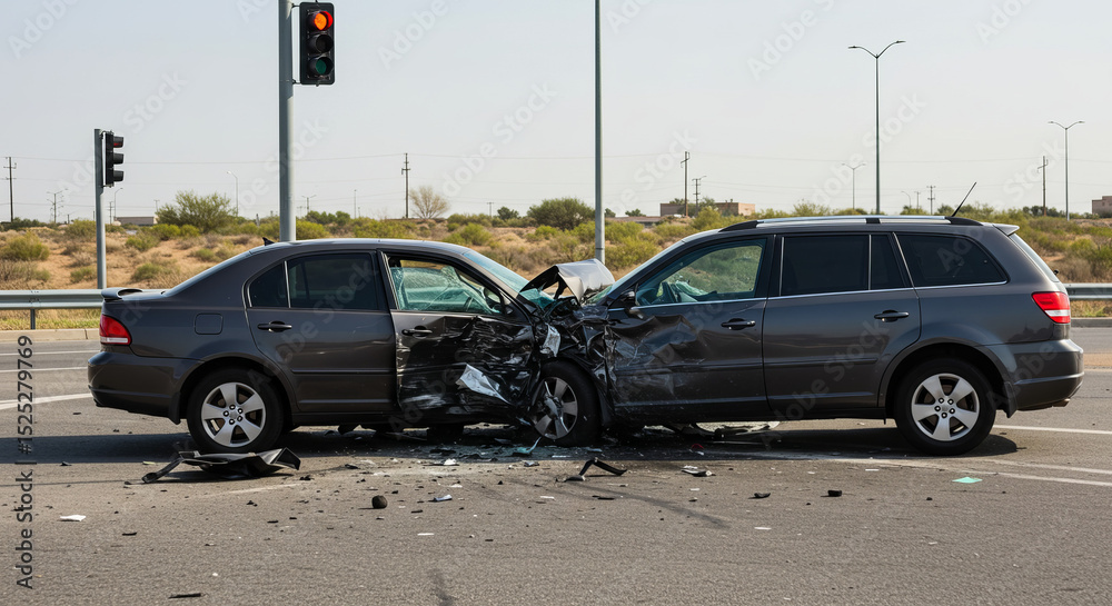 Naklejka premium Car accident with two vehicles at traffic signal intersection 