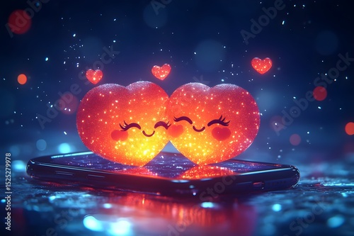 A charming illustration of two glowing, smiling hearts resting on a smartphone screen, surrounded by smaller hearts. The sparkling night background adds a touch of magic and romance.