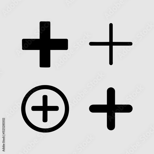 Plus Signs A collection of four distinct plus signs, offering a versatile visual element for a range of design needs, from medical symbols to mathematical concepts.