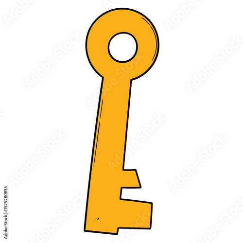 Hand drawn cartoon gold key on white background.