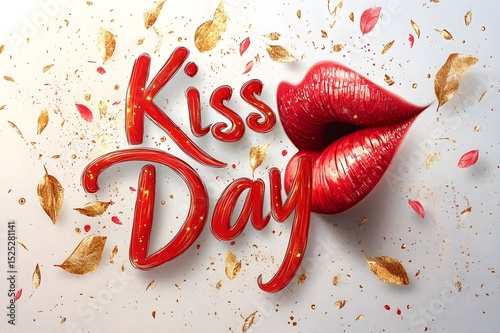Vibrant Kiss Day text with glossy red lips and gold leaves. Ideal for Valentine's Day promotions, love-themed campaigns, or romantic invitations, adding a festive flair to any design.