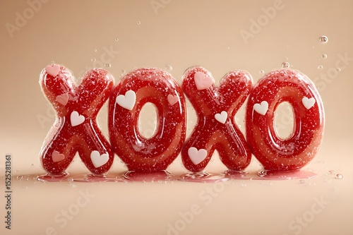 Glossy, candy-like XOXO letters with heart motifs on a soft, beige background. Perfect for Valentine's Day, love, and affection-themed designs or sweet, romantic projects.