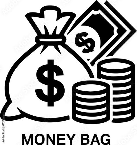 High-quality vector illustration of a money bag with a dollar sign, coin stacks, and a dollar bill. A financial icon representing banking, investment, savings, and economic stability