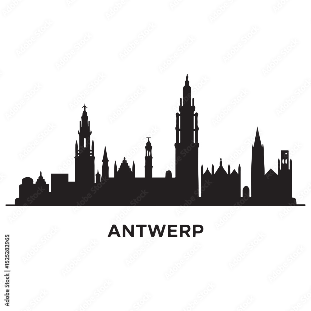 Naklejka premium Antwerp skyline horizontal banner. Antwerp, Belgium. Vector template for your design. Vector black silhouette. with white background