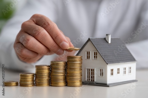 Hand adds coin to stacks beside a toy house depicting savings growth