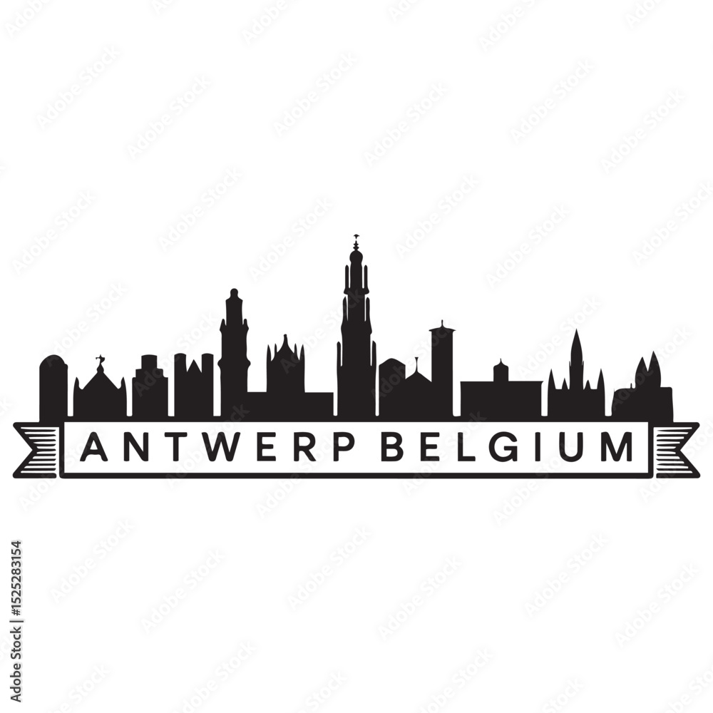 Fototapeta premium Antwerp skyline horizontal banner. Antwerp, Belgium. Vector template for your design. Vector black silhouette. with white background