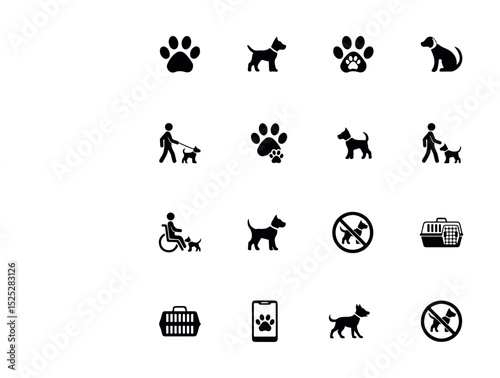 Essential Dog And Pet Care Icons- Paw Prints, Walking, Service Animals And Pet Prohibited Signs.