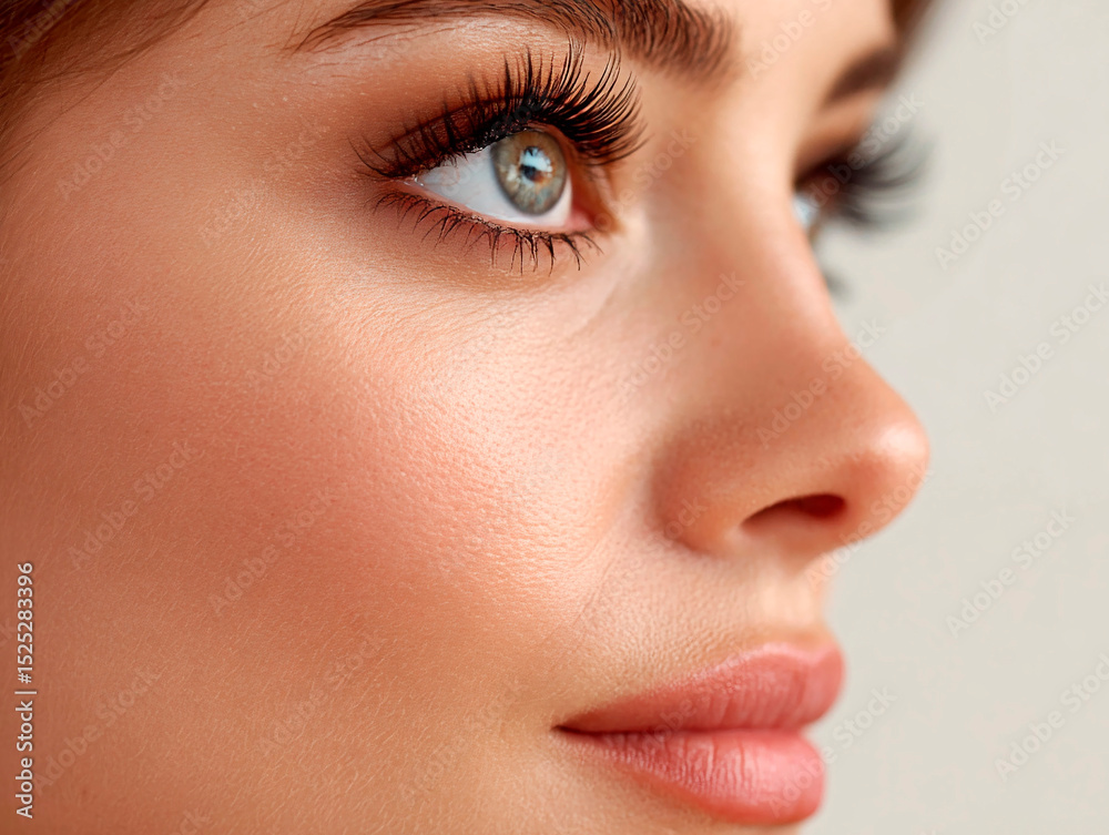 Fototapeta premium Close-up of a young woman’s face in profile with soft lighting, showcasing smooth skin, glossy lips, long lashes and a calm upward gaze