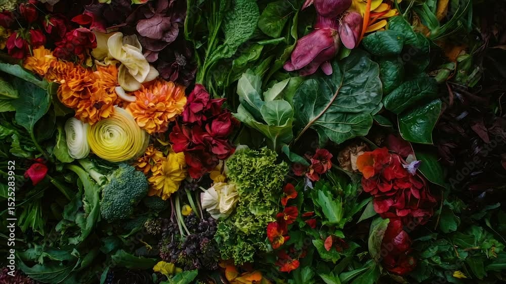 Vibrant edible flowers and leafy greens arranged artistically Vibrant edible flowers and leafy greens arranged artistically