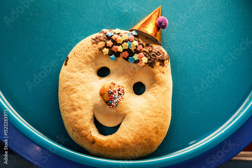Unique decorated cookie with a smiling face and party hat placed on a blue tabletop during a festive celebration