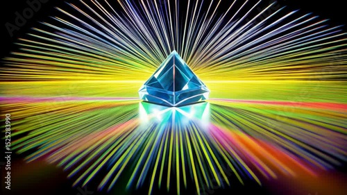 Iridescent crystal pyramid with multicolor light rays on a shiny surface for abstract, colorful background or design element.