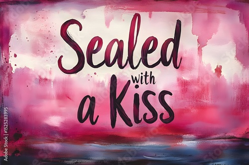 Artistic watercolor illustration with the text Sealed with a Kiss in deep reds and pinks against an abstract background. Ideal for romantic, love-themed designs or greeting cards.