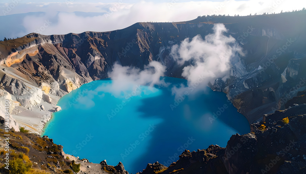 Naklejka premium Volcanic crater lake with turquoise water, mist, and cliffs under cloudy sky — dramatic natural landscape