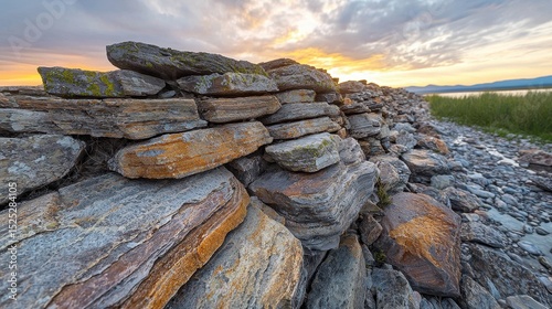 Montana river rocks displaying natural stratification in canyon setting at sunset, layered sedimentary formations creating textured walls along mountain river with golden lighting