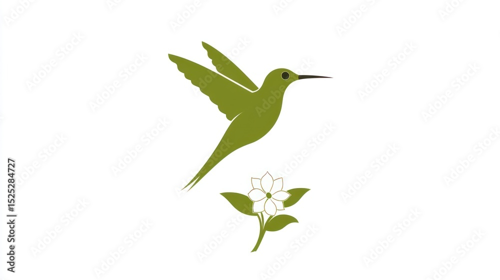 Obraz premium A stylized green hummingbird in flight, positioned above a single white flower with green leaves on a plain white background