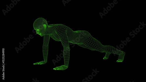an animation of human in wireframe is pushing up
