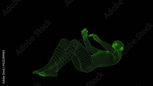 an animation of human in wireframe is sitting up