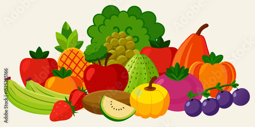 illustration of a wide variety of fruits and vegetables arranged neatly on a white background