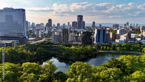 Fotografie Aerial view of Osaka city skyline at sunset, Japan